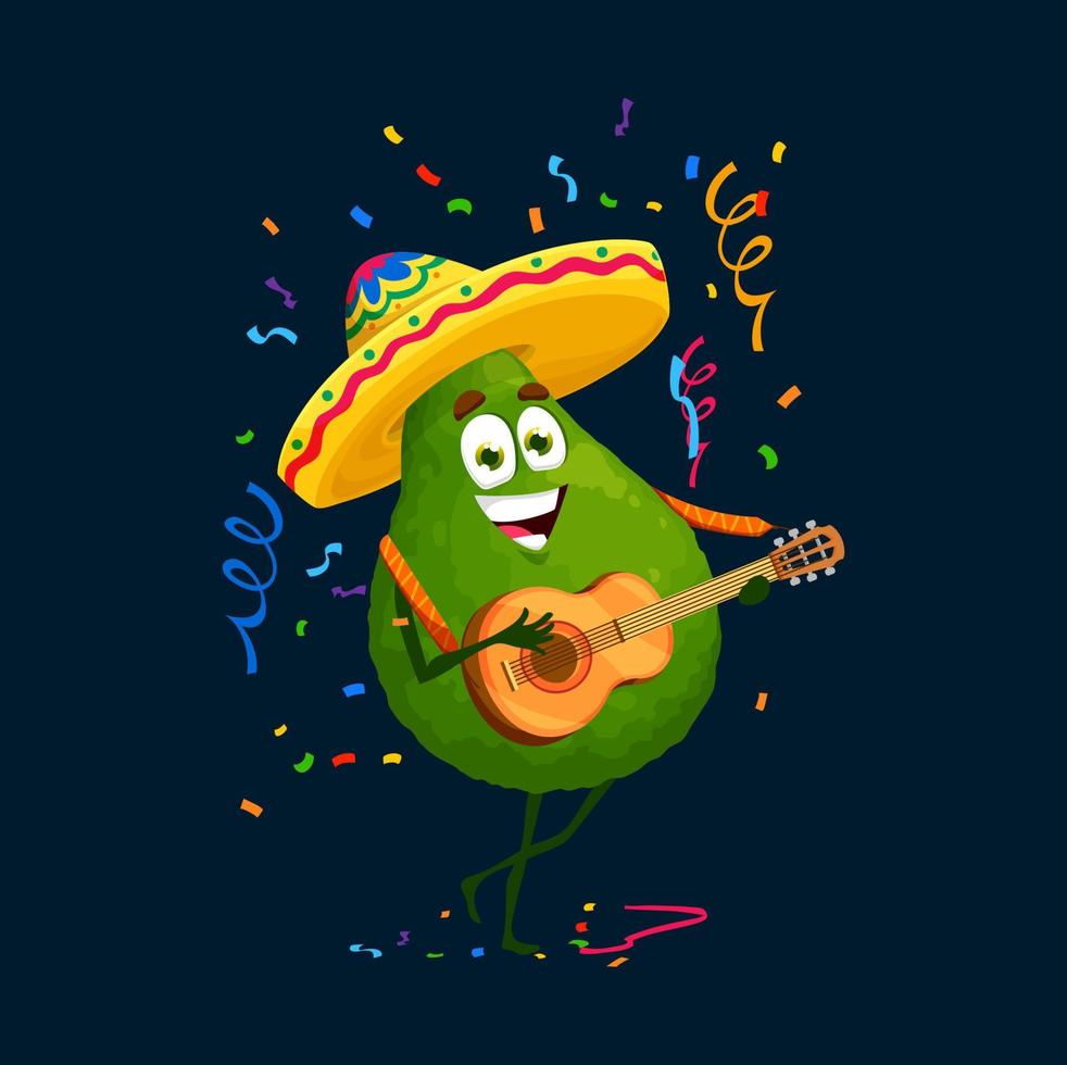 Cartoon mexican mariachi avocado character party vector