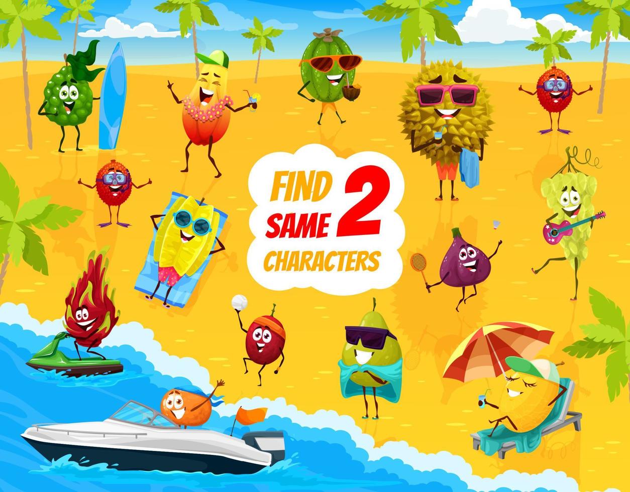 Find two same cartoon fruits characters on beach vector