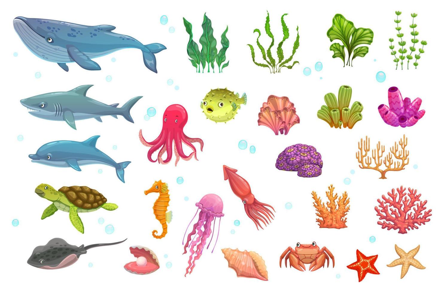 Cartoon underwater animals, seaweeds, fish, corals vector