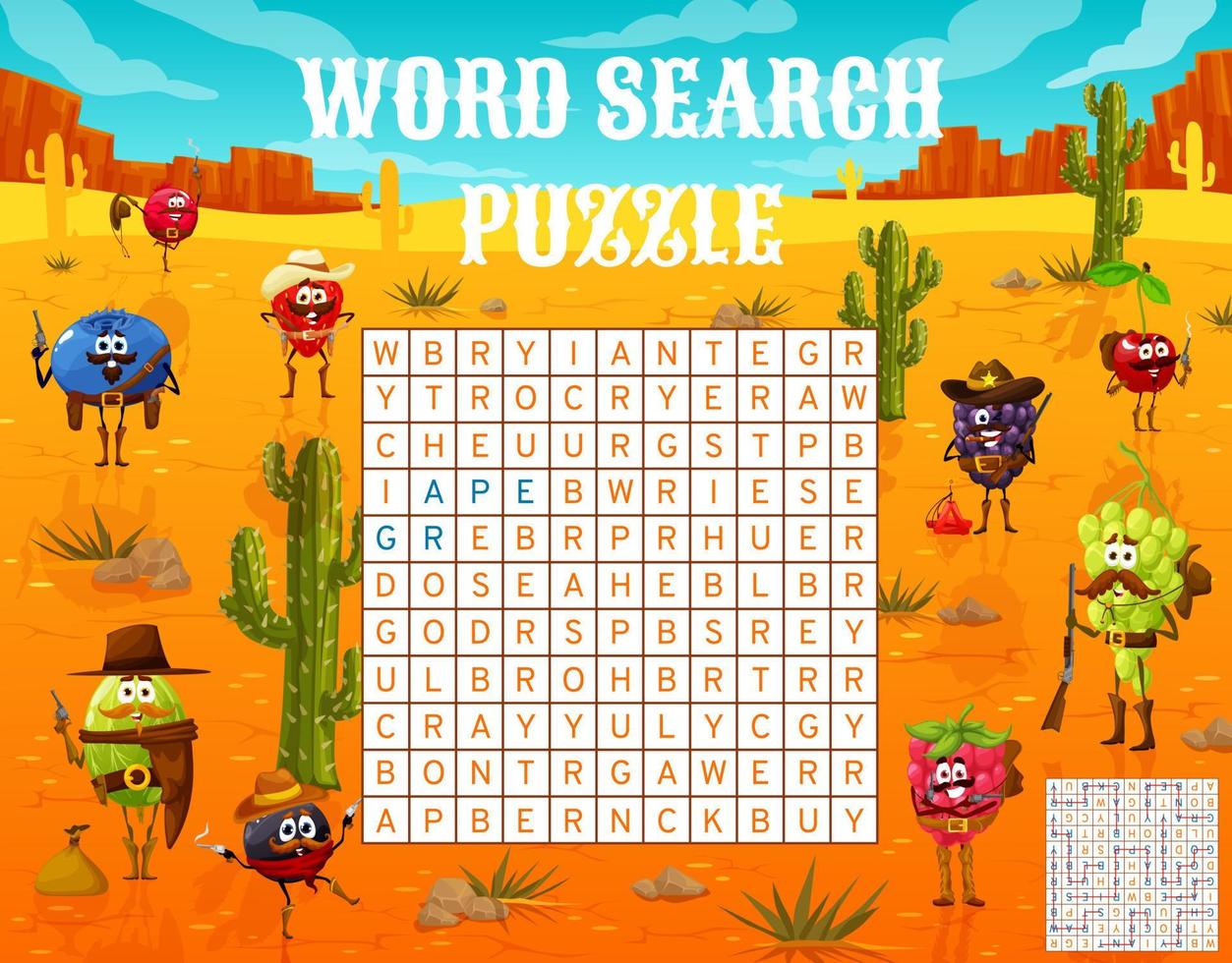 Word search puzzle, Wild West ranger, cowboy berry vector