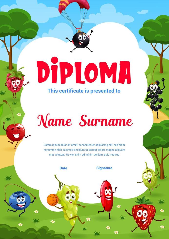 Cartoon cheerful berry characters kids diploma vector