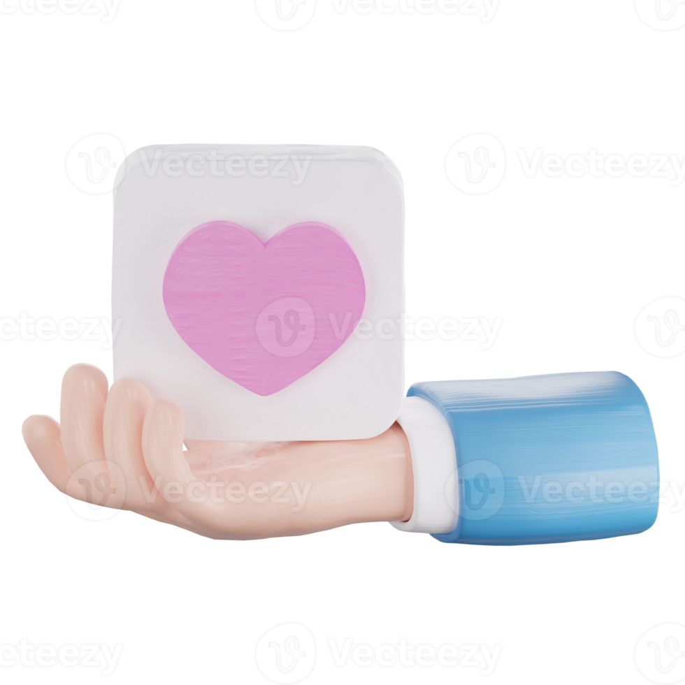 Hand holding a white cube with pink heart . 3d rendering png