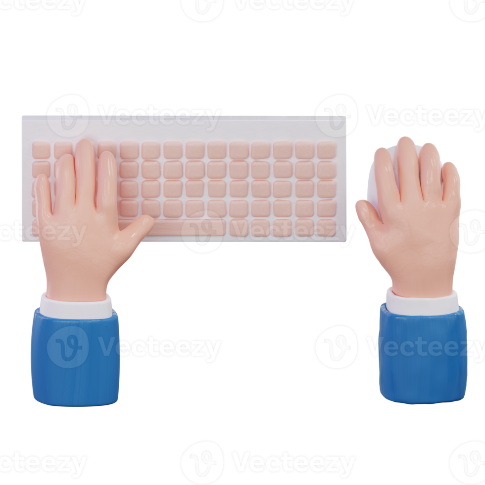 Hand with computer keyboard and mouse . 3D Rendering png