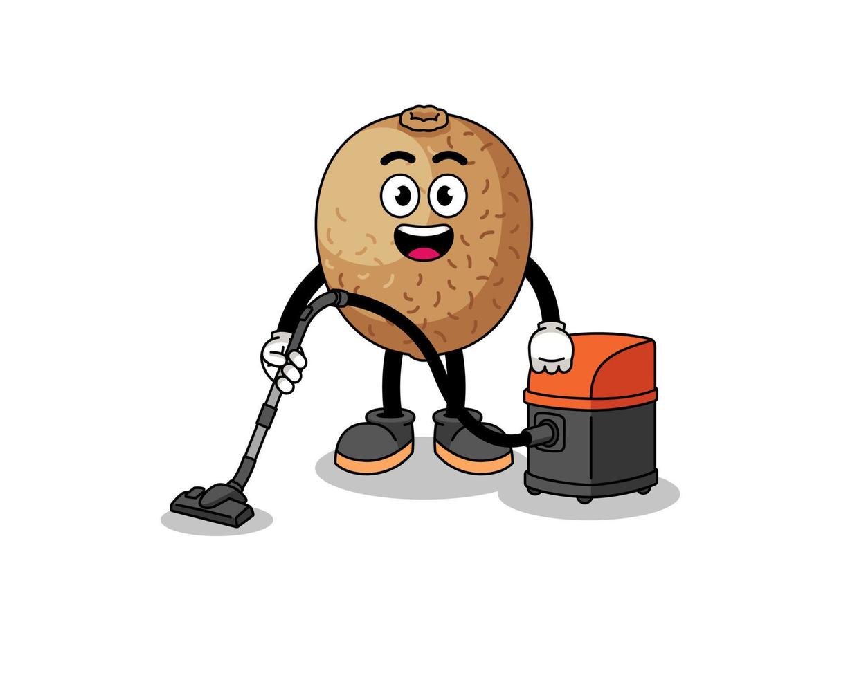 Character mascot of kiwifruit holding vacuum cleaner vector