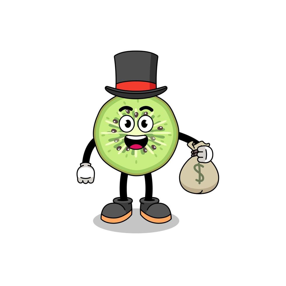 sliced kiwifruit mascot illustration rich man holding a money sack vector