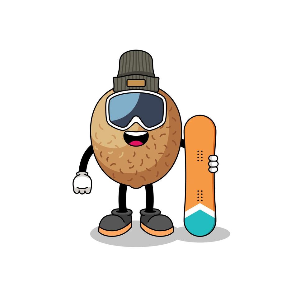 Mascot cartoon of kiwifruit snowboard player vector