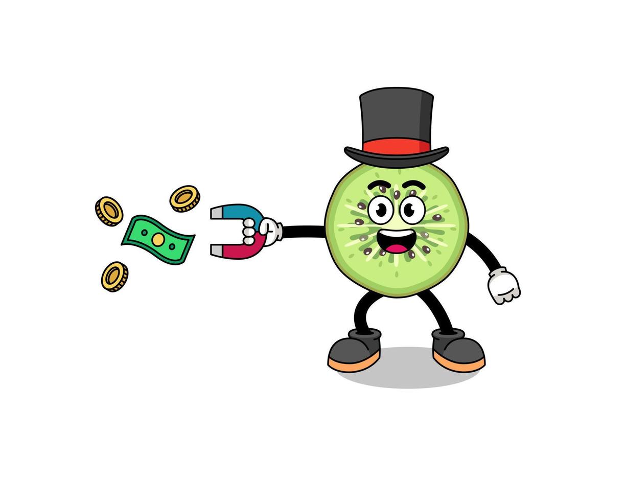 Character Illustration of sliced kiwifruit catching money with a magnet vector