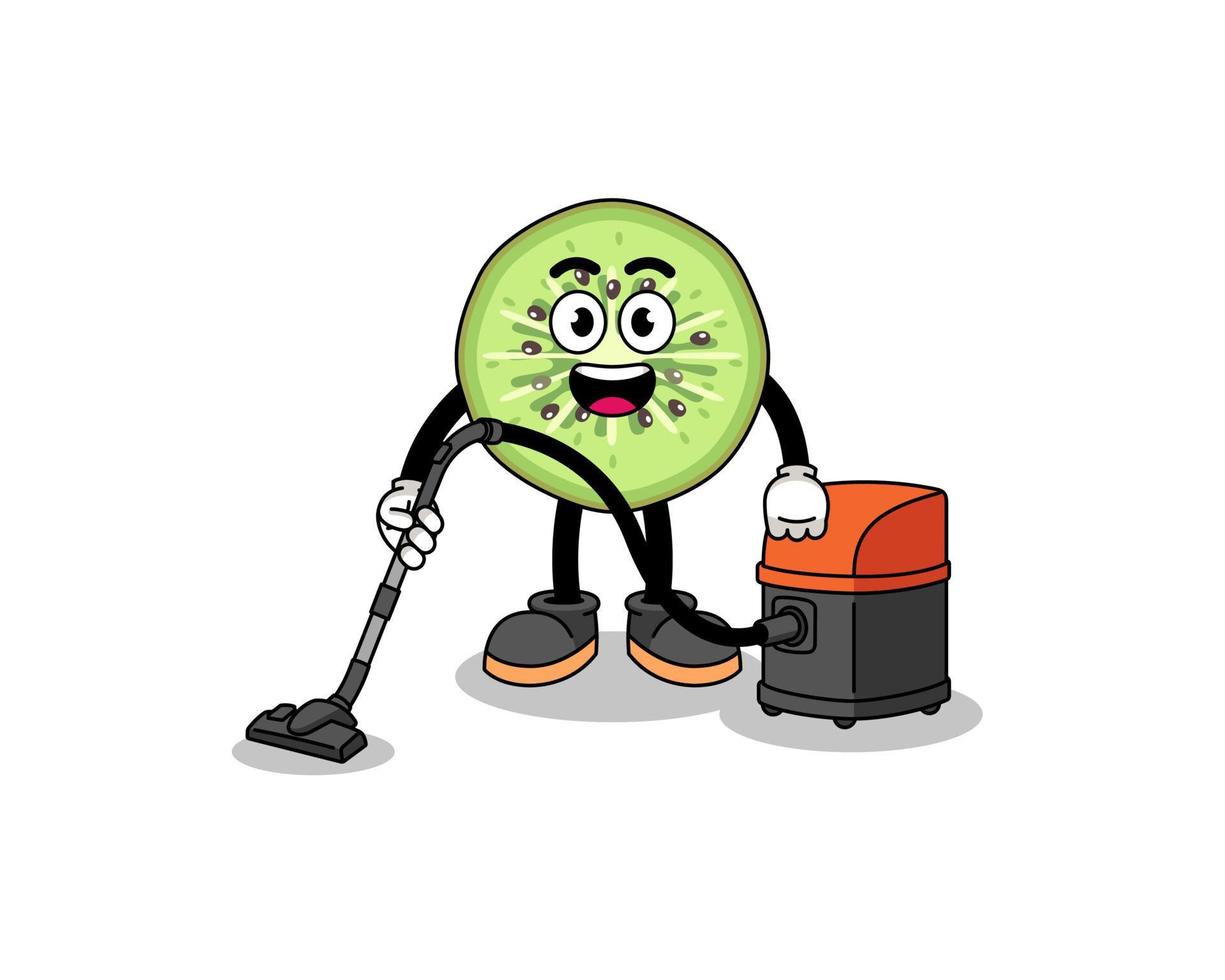 Character mascot of sliced kiwifruit holding vacuum cleaner vector