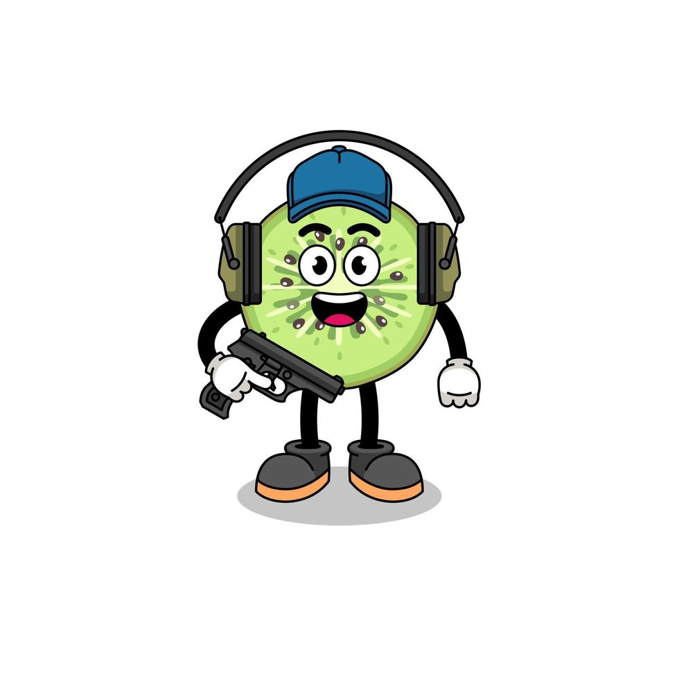 Character mascot of sliced kiwifruit doing shooting range vector