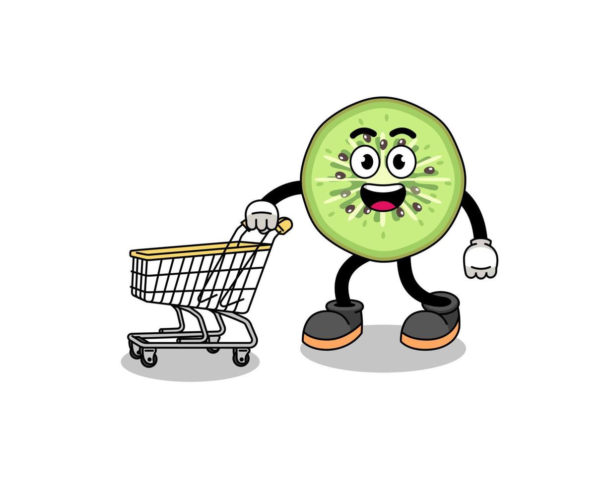 Cartoon of sliced kiwifruit holding a shopping trolley vector