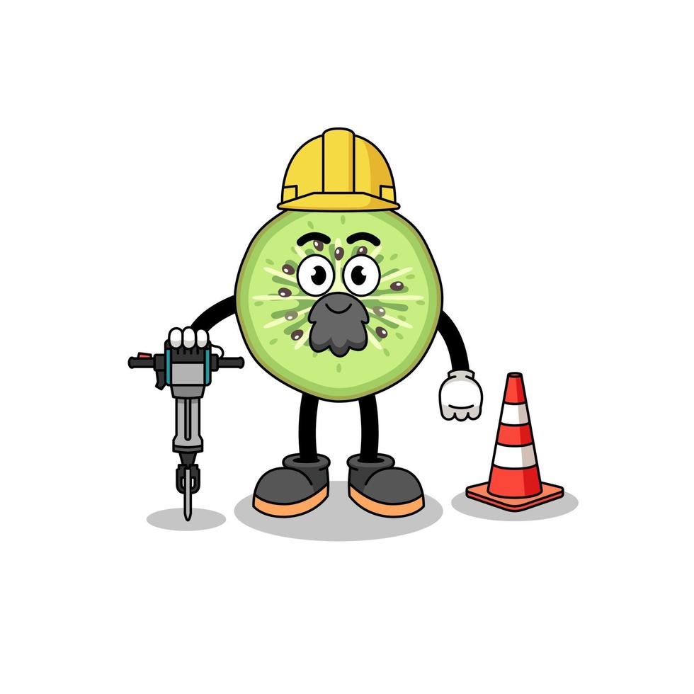 personaje dibujos animados de rebanado kiwi trabajando en la carretera construcción vector