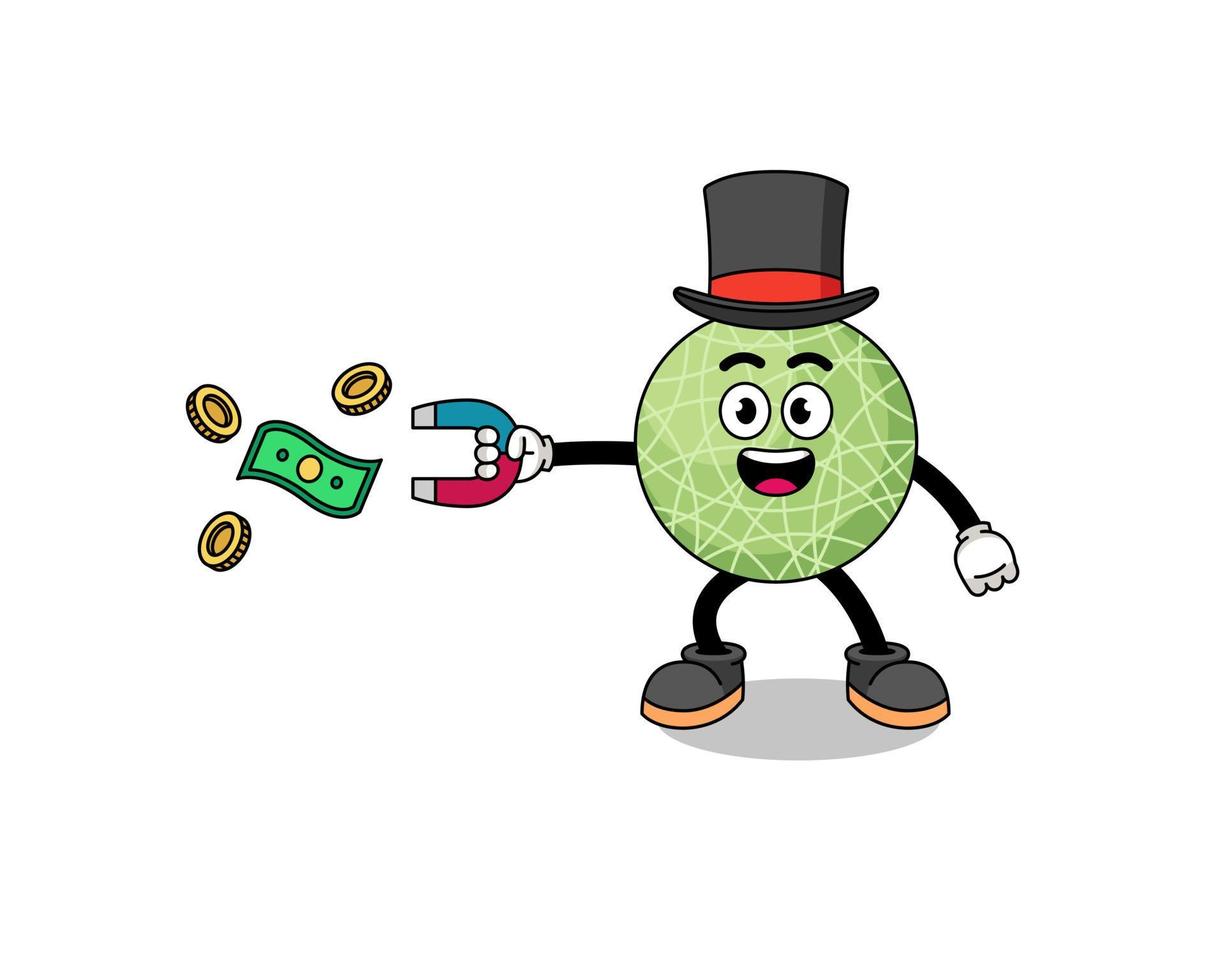 personaje ilustración de melón Fruta atrapando dinero con un imán vector