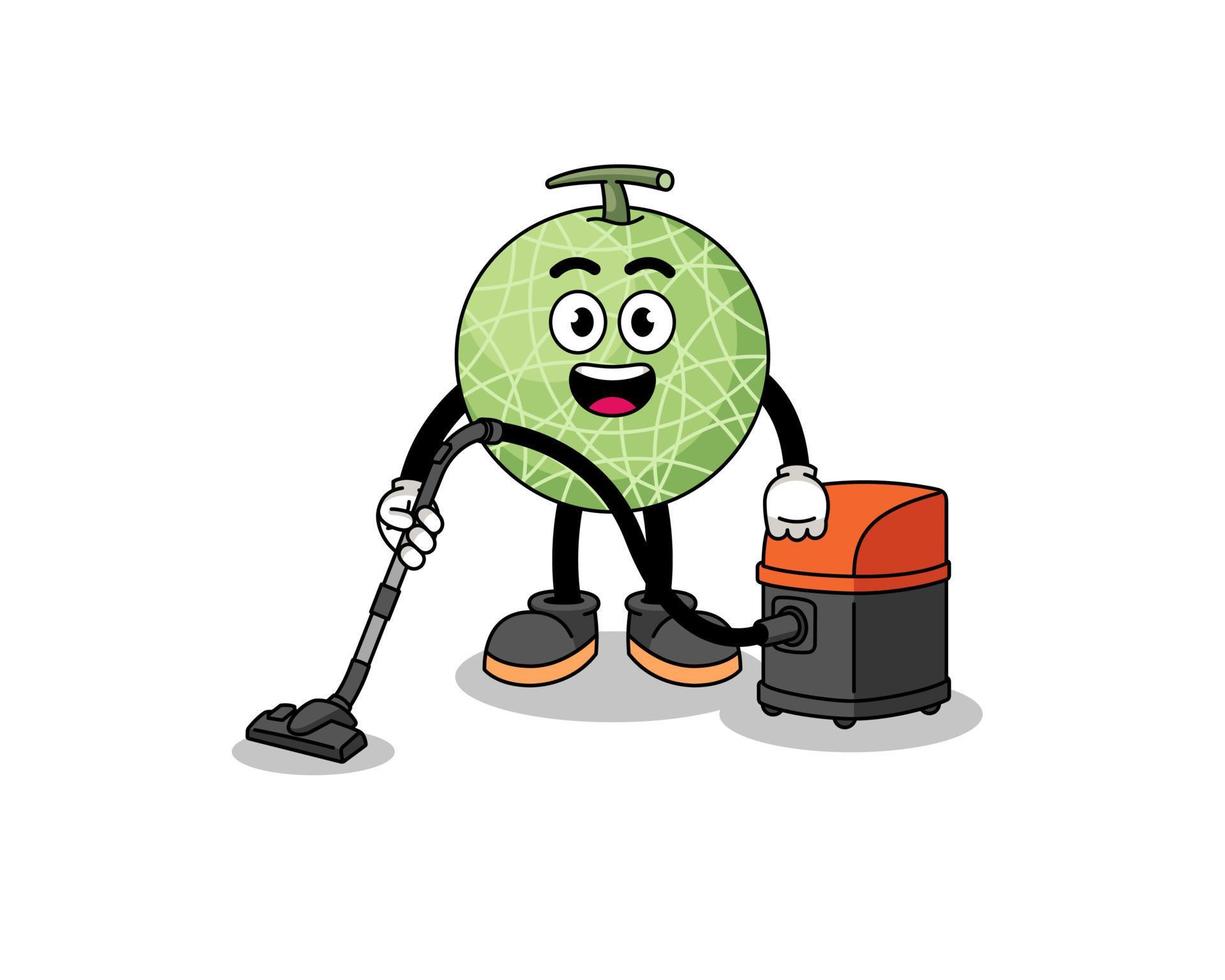 Character mascot of melon fruit holding vacuum cleaner vector