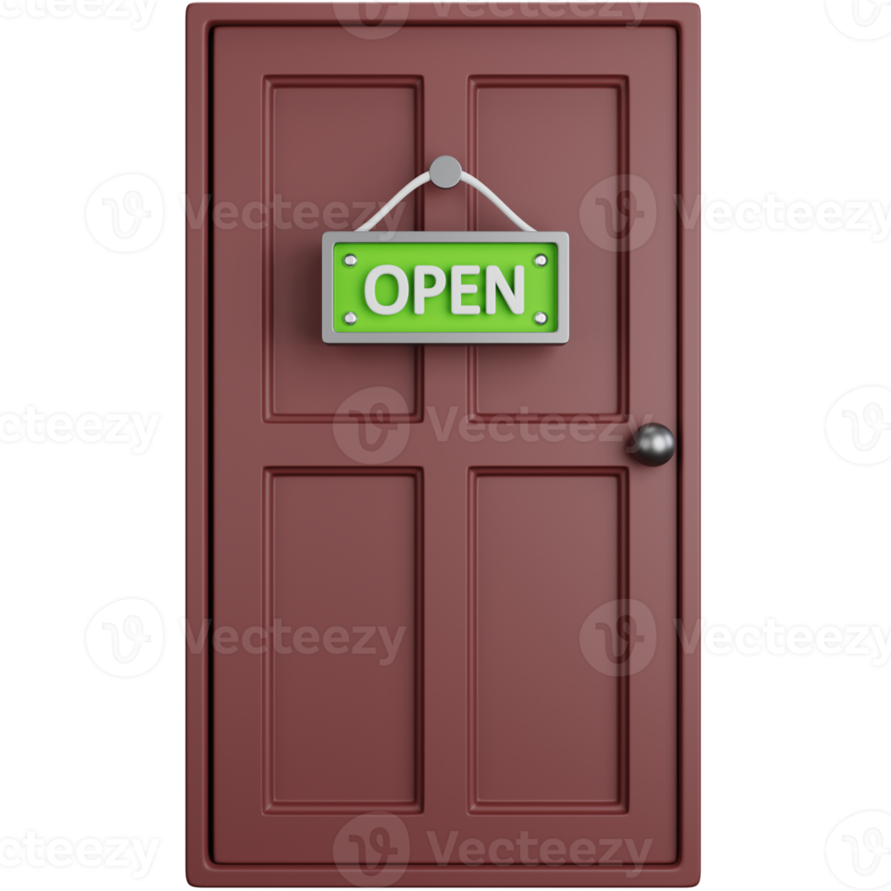 3d illustration icône maison porte avec ouvert l'écriture pendaison planche png