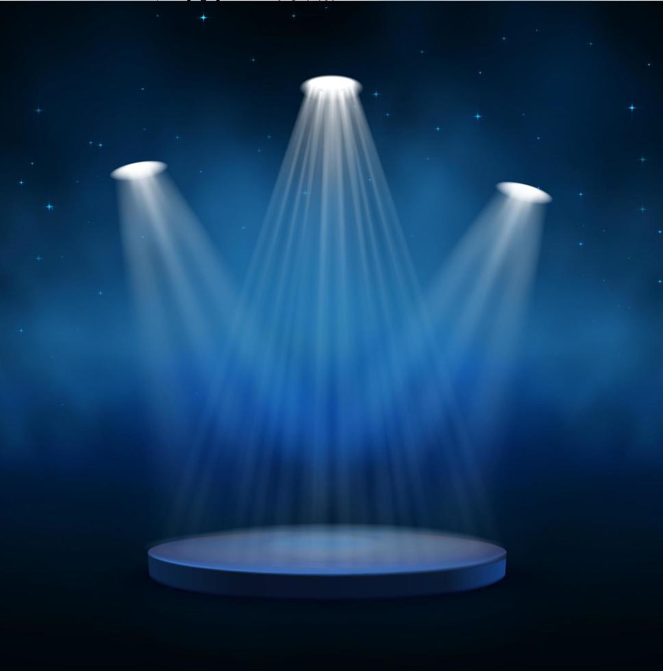 3d realistic vector light effect. Stage illuminated spotlights on dark background.