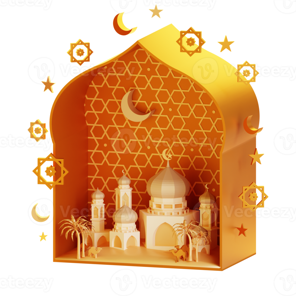 3d ramadan ornament with lantern and mosque png