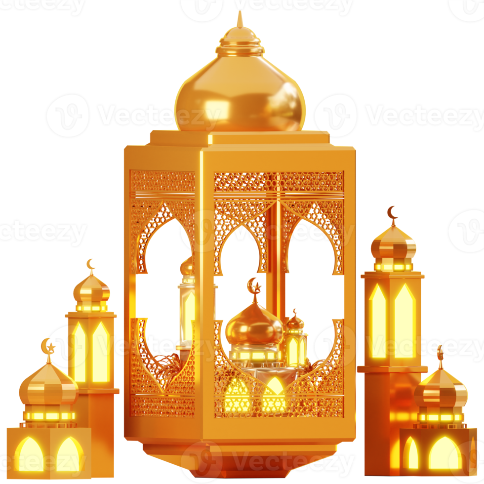 3d ramadan ornament with lantern and mosque png