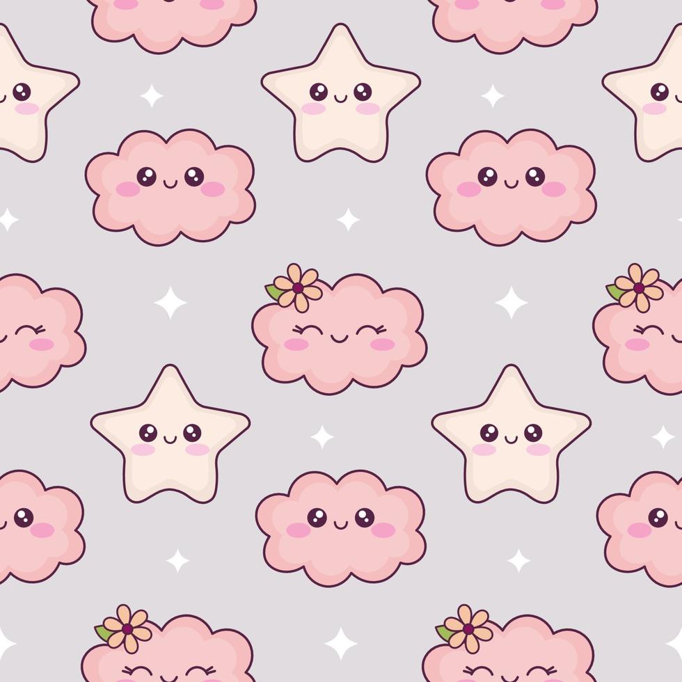 Hand drawn stars and clouds. Cute cartoon kawaii seamless pattern. Funny comic characters background for kids bedding, fabric, wallpaper, wrapping paper, textile, t-shirt print vector