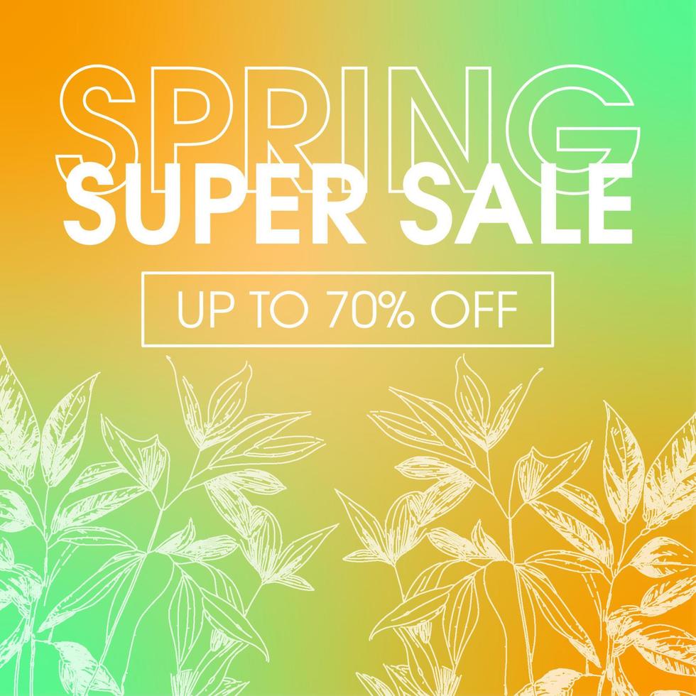 Spring sale, social media post template. Square advertising banner with mesh gradient and floral background. Vector illustration for web banners, mobile app, internet ads