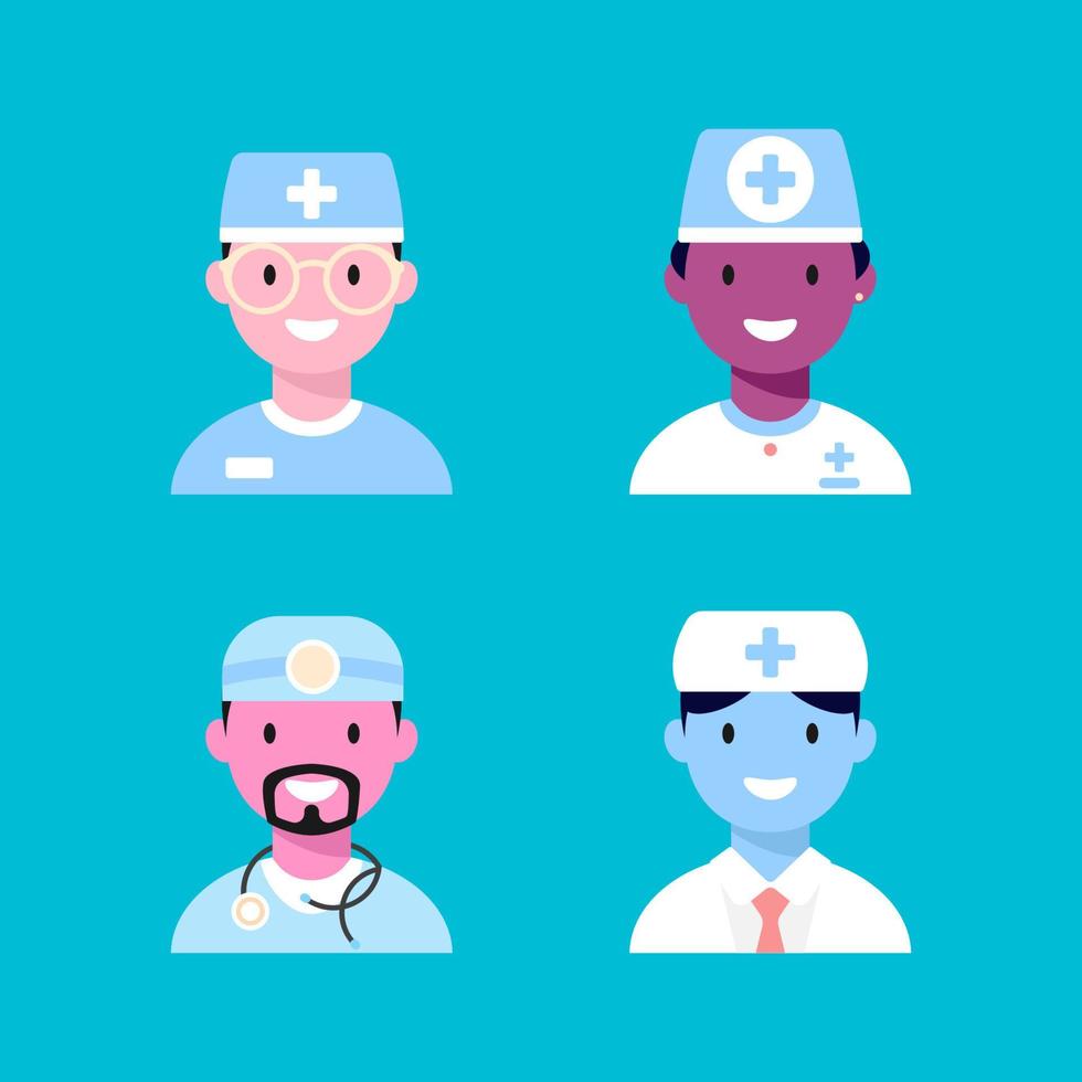 Male Physician Doctor avatar set. Funny multicultural Medical characters. Medical Icons in flat style, vector illustration.