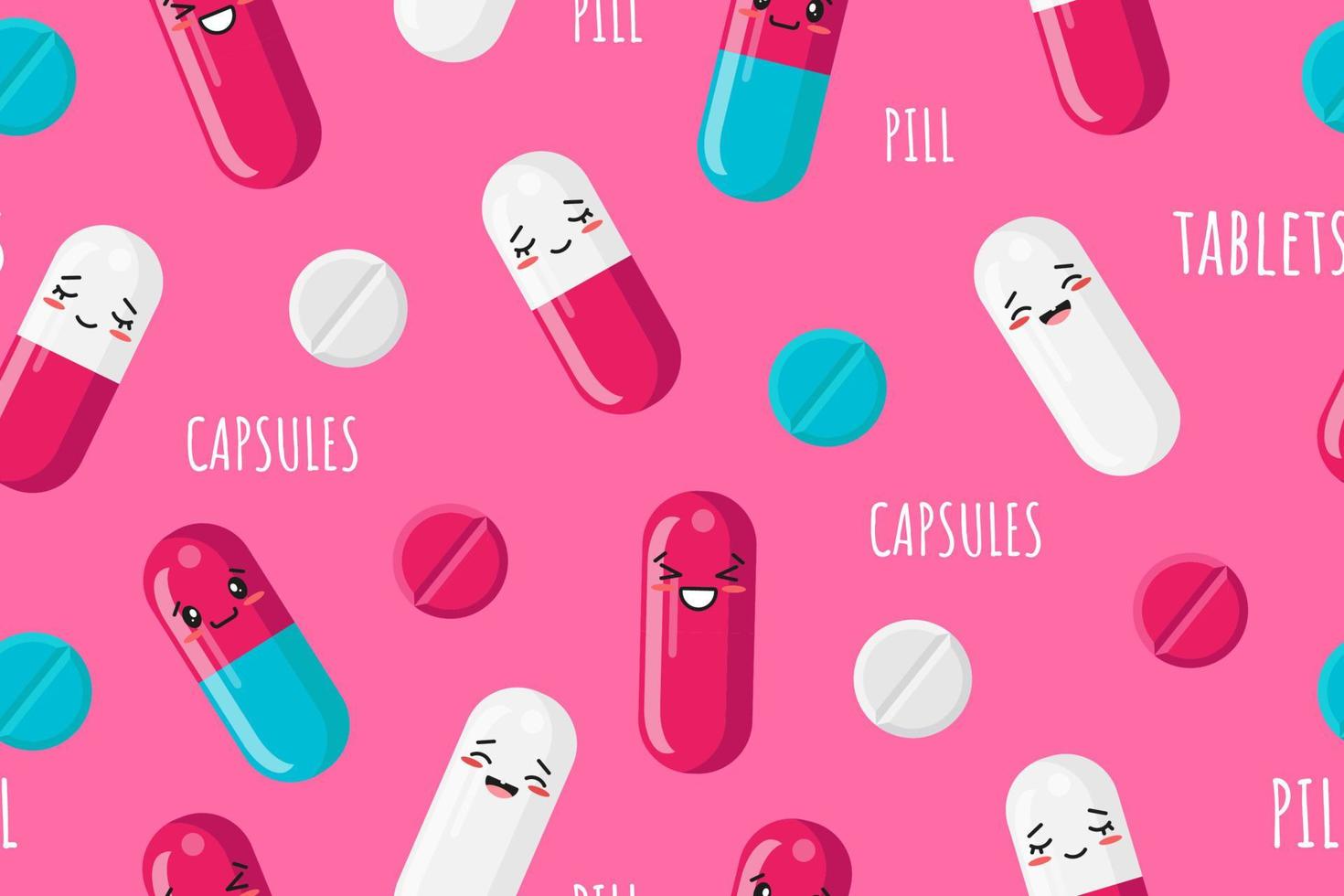 Funny Seamless Pattern, Pills with Kawaii face. Vector illustration for your Medical design.