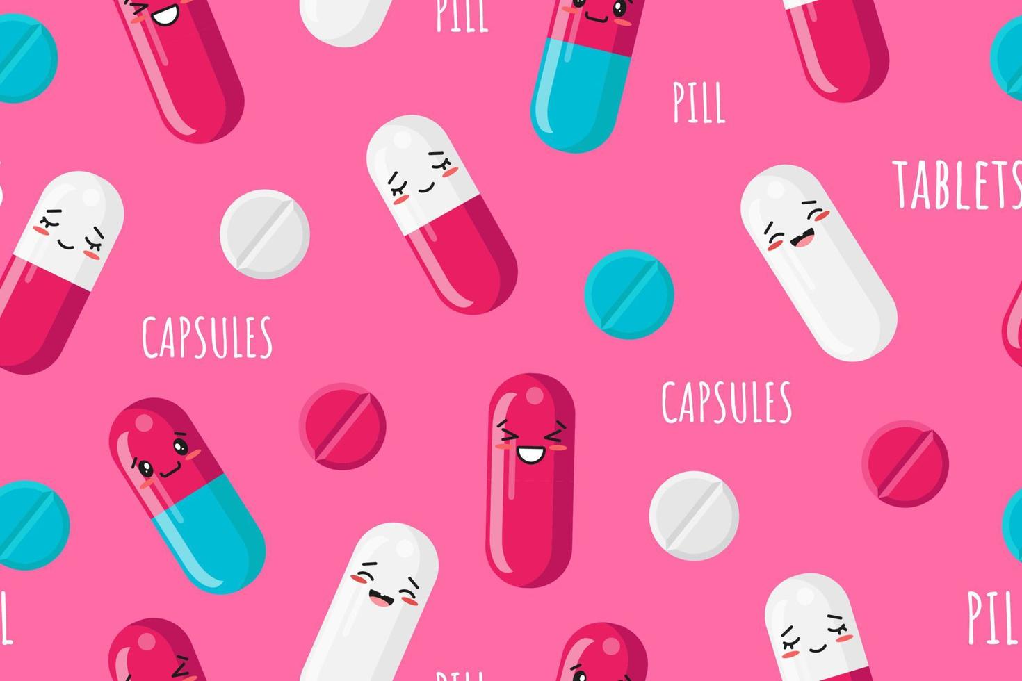 gracioso sin costura patrón, pastillas con kawaii rostro. vector ilustración para tu médico diseño.