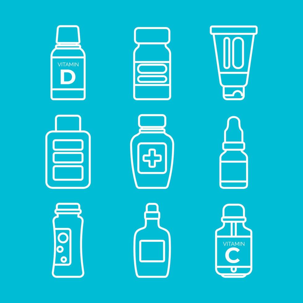 Medical Bottles with medicines and vitamins. White Linear Icons. Isolated elements on a blue background. Vector illustration.