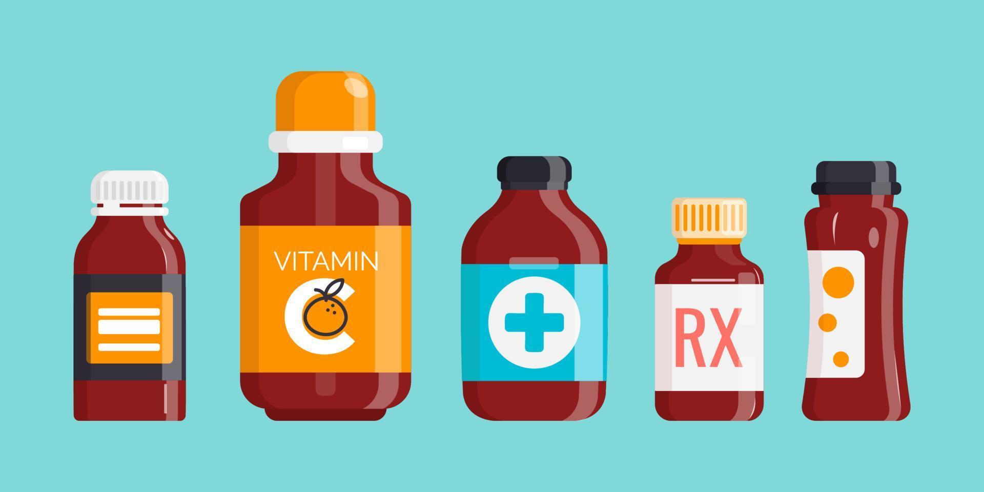 Set of different Medical Bottles with Medicines. Tablets and capsules, syrups and vitamins. Vector illustration.