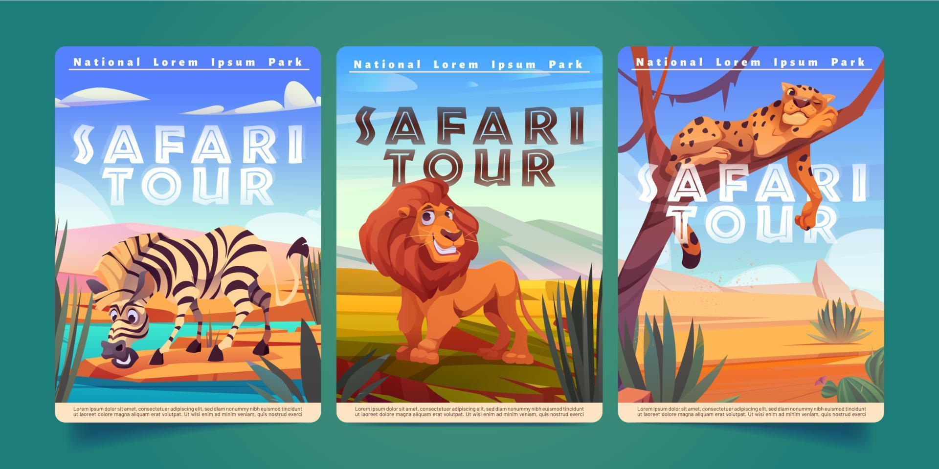 safari excursión carteles con cebra, león y leopardo vector