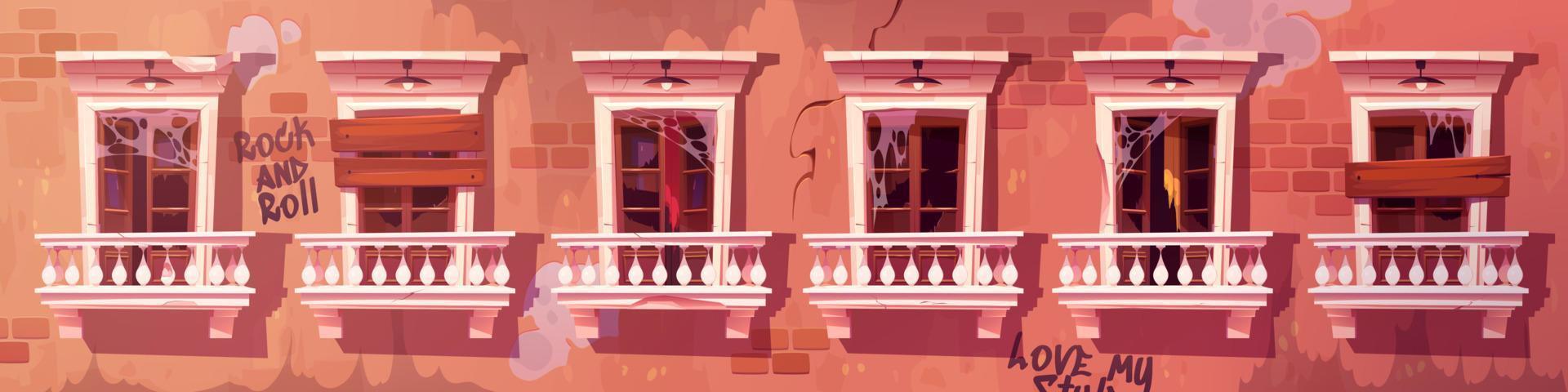 Abandoned building facade, vector cartoon