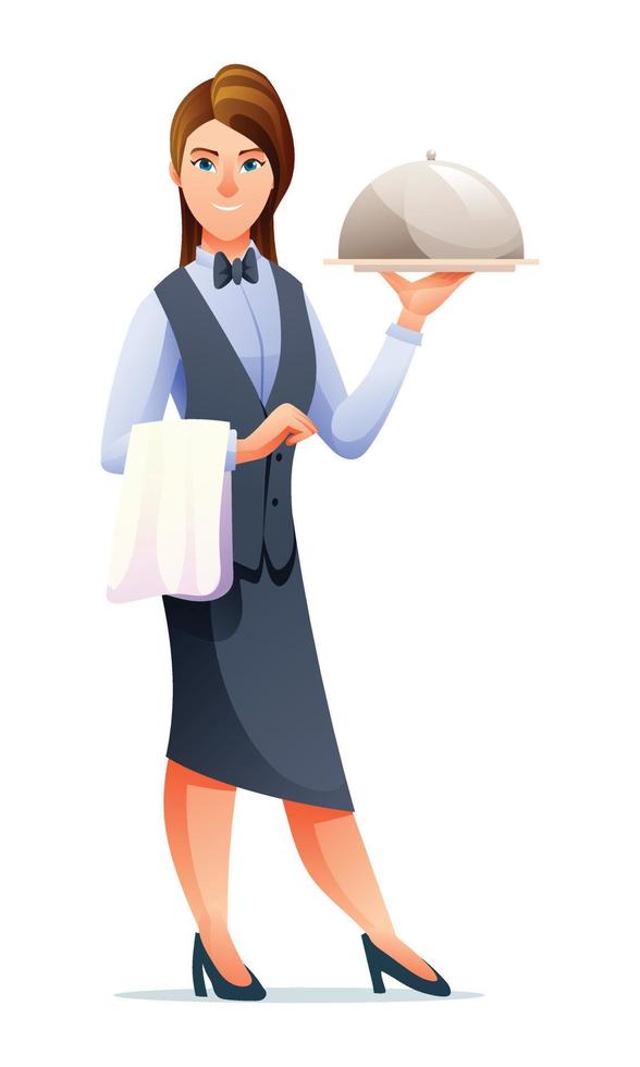 Waitress holding a food cartoon character illustration vector