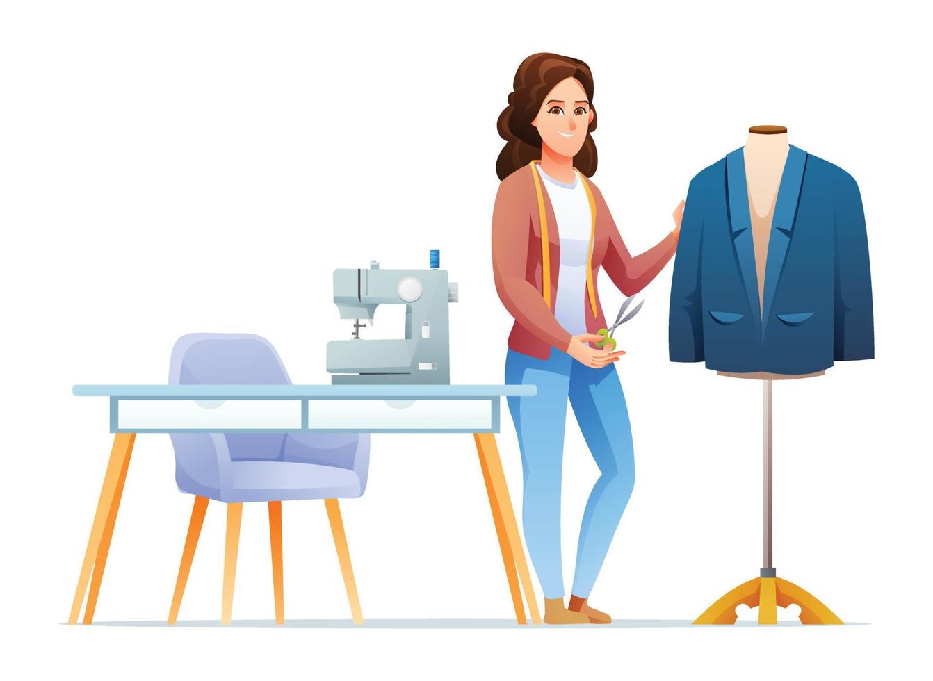 Professional woman tailor standing near the suit. Fashion designer, seamstress character illustration vector