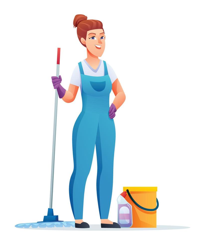 Cleaning service woman with mop and bucket. Female janitor cartoon character vector