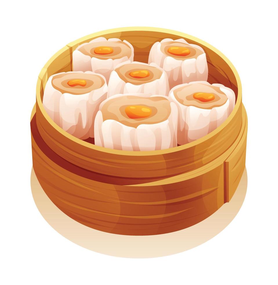 Dim Sum in a bamboo steamer. Chinese food vector illustration