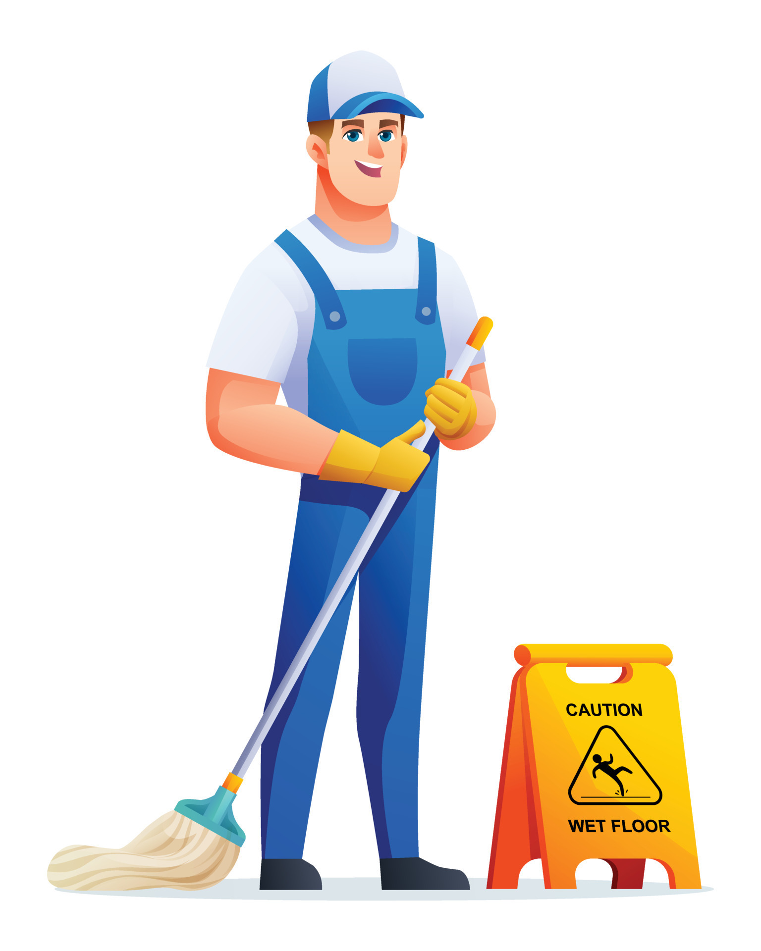 Cheerful cleaning service man with mop. Male janitor cartoon character