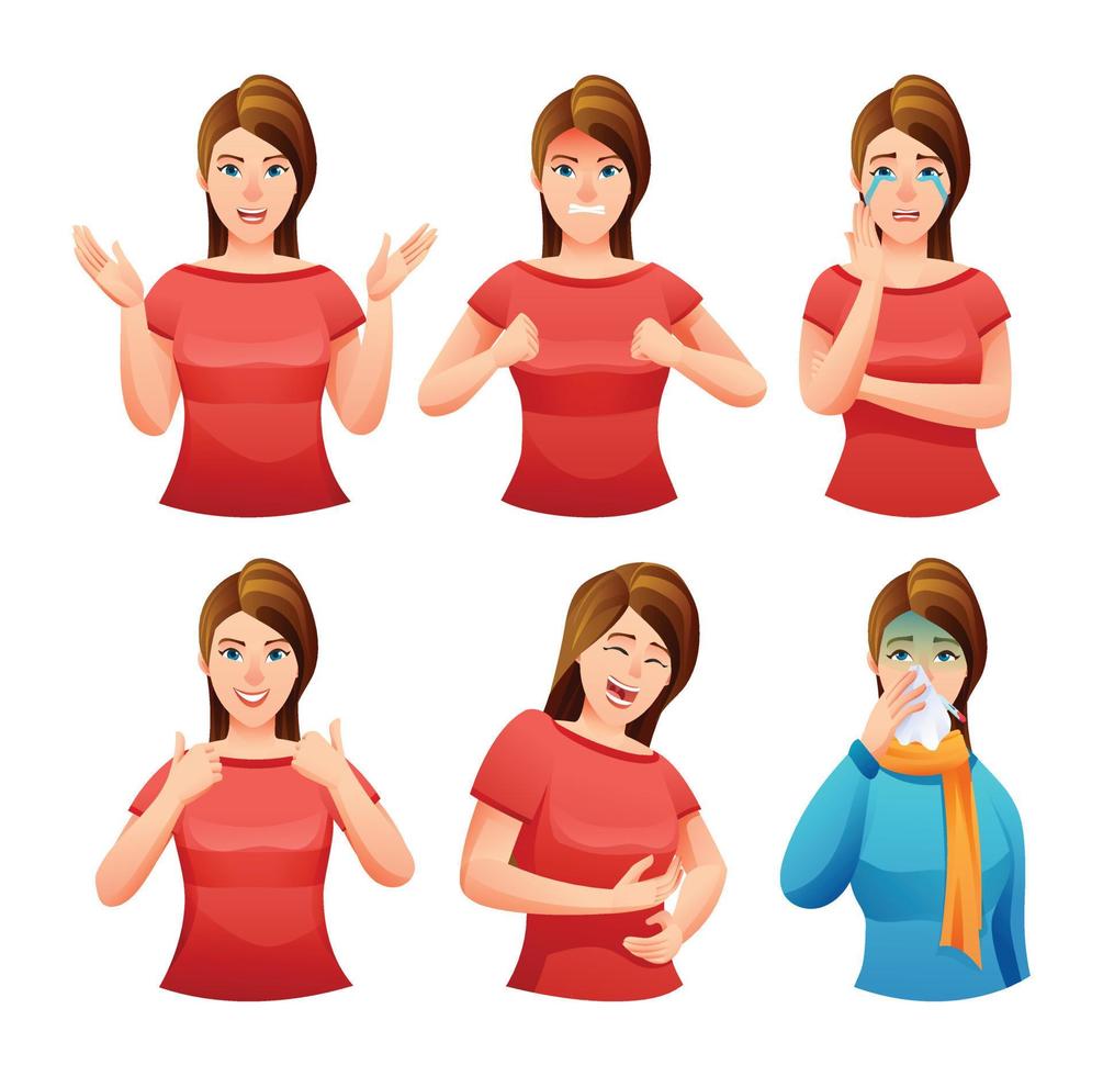 Set of woman in different expressions and situations vector illustration