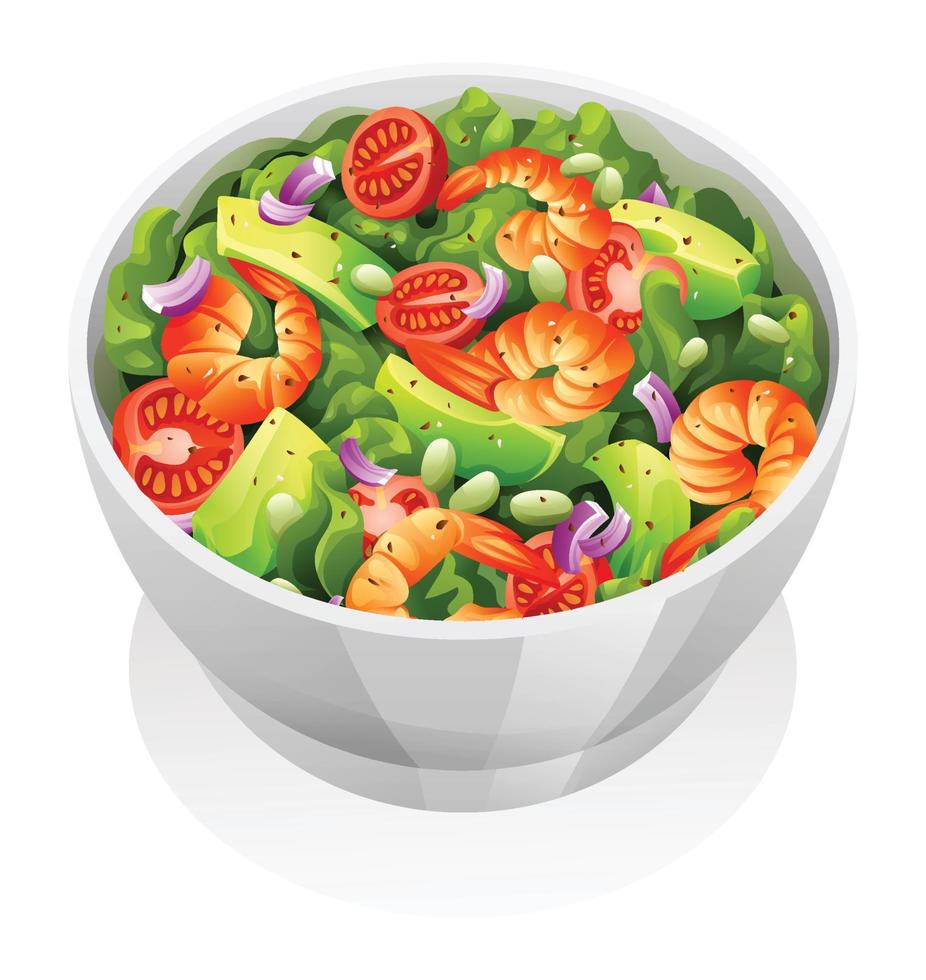 Healthy salad with shrimps, avocado and fresh vegetables vector illustration