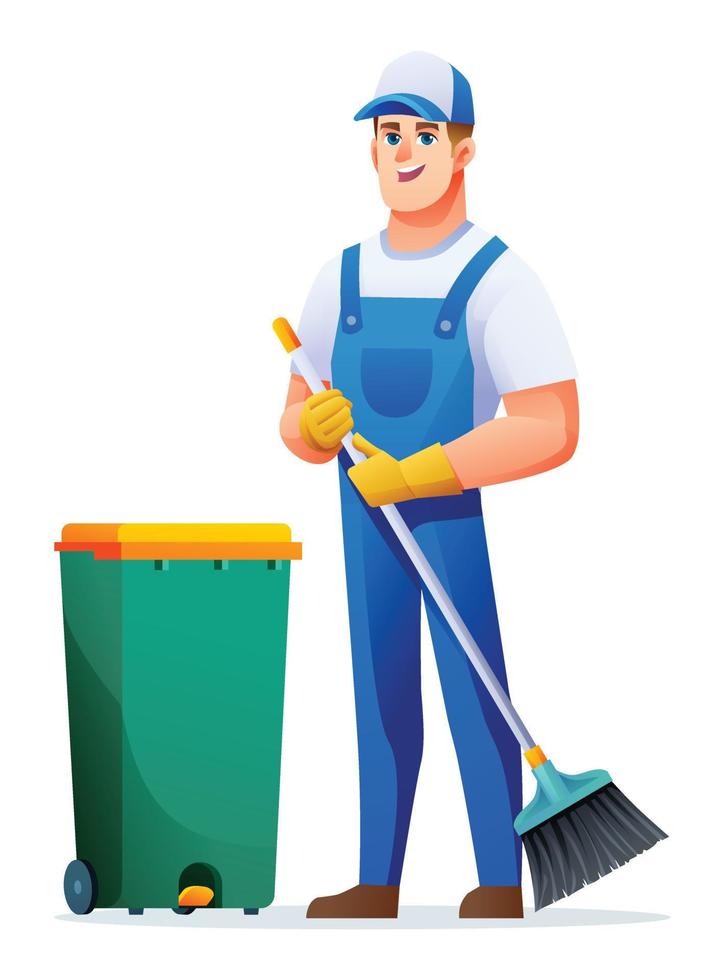 Cleaning service man with broom and trash can. Male janitor cartoon character vector