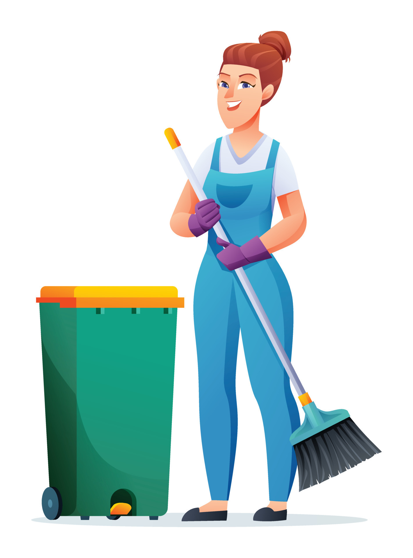 Cheerful cleaning woman with broom and trash can. Female janitor ...