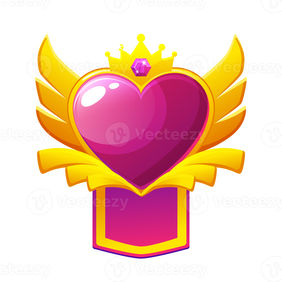 Game badges violet Heart with wings and crown, game app badge icon png