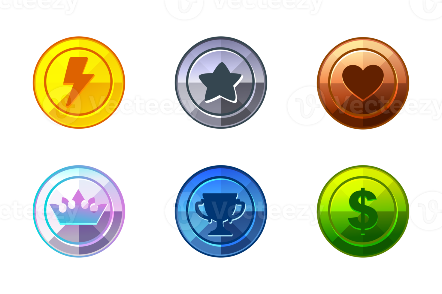 Set of game metal icons-energy, star, heart, dollar, crown and award cup. png