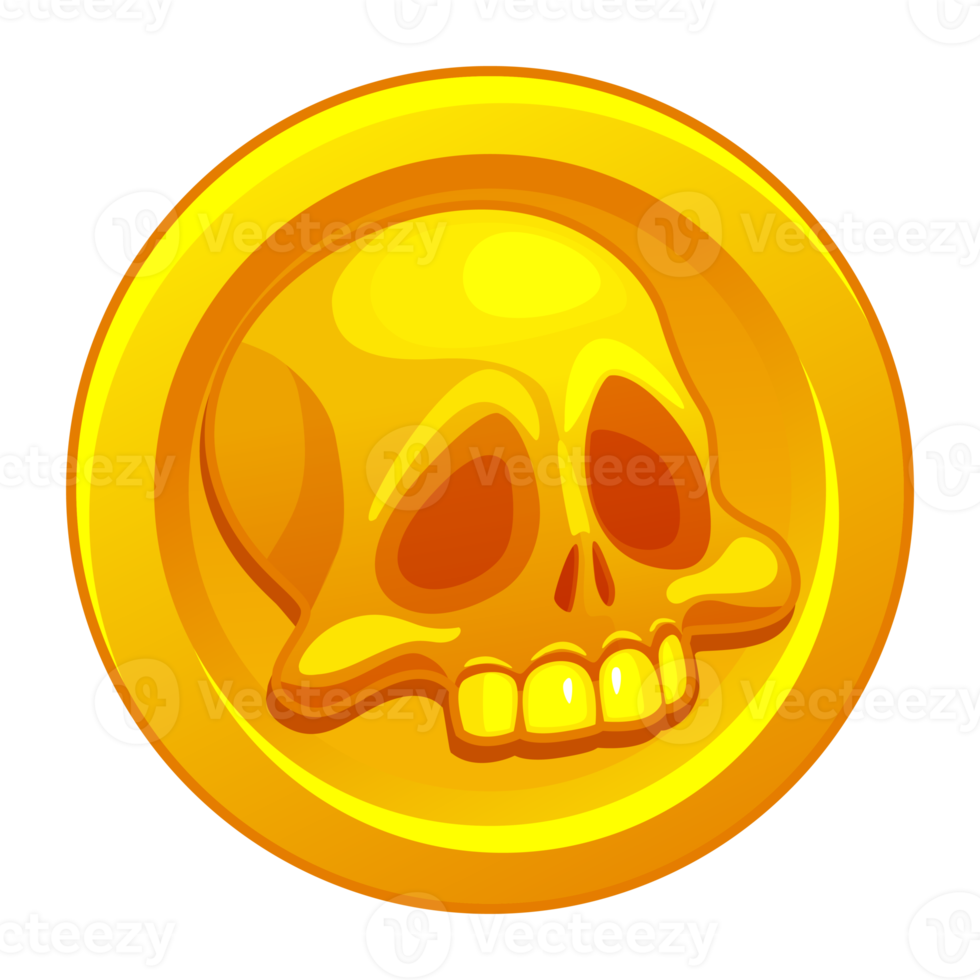 Pirate gold coin icon with a human skull. Pirate doubloon. png