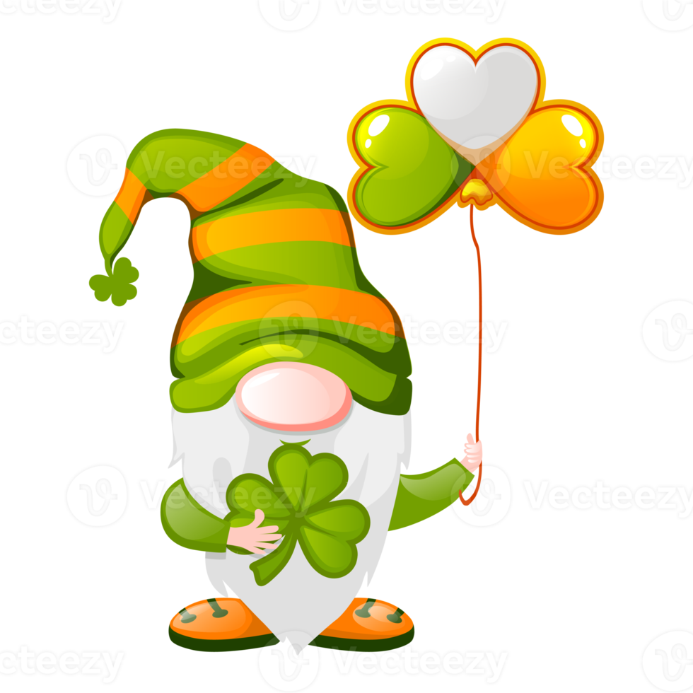 St Patricks Day Irish gnome holding shamrocks or clovers png
