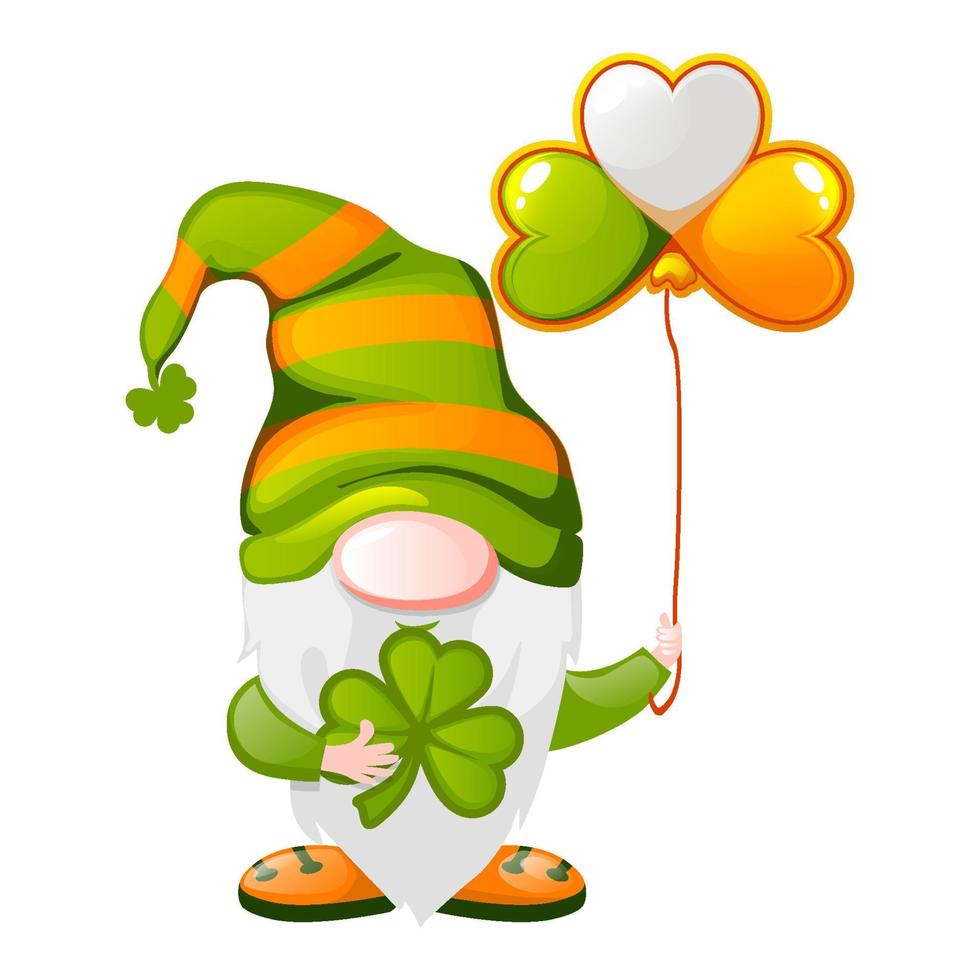 St Patricks Day Irish gnome holding shamrocks or clovers, Vector illustration