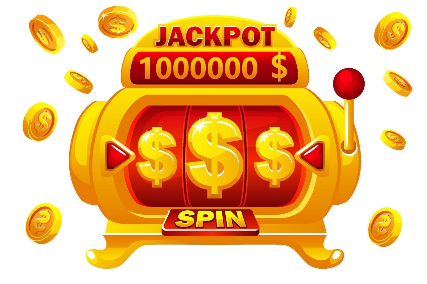 Golden slot machine. Slot machine for online casino and slots game. Coins explosion vector