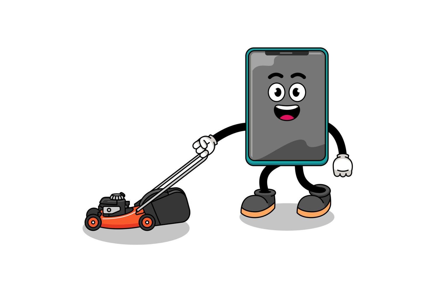 smartphone illustration cartoon holding lawn mower vector