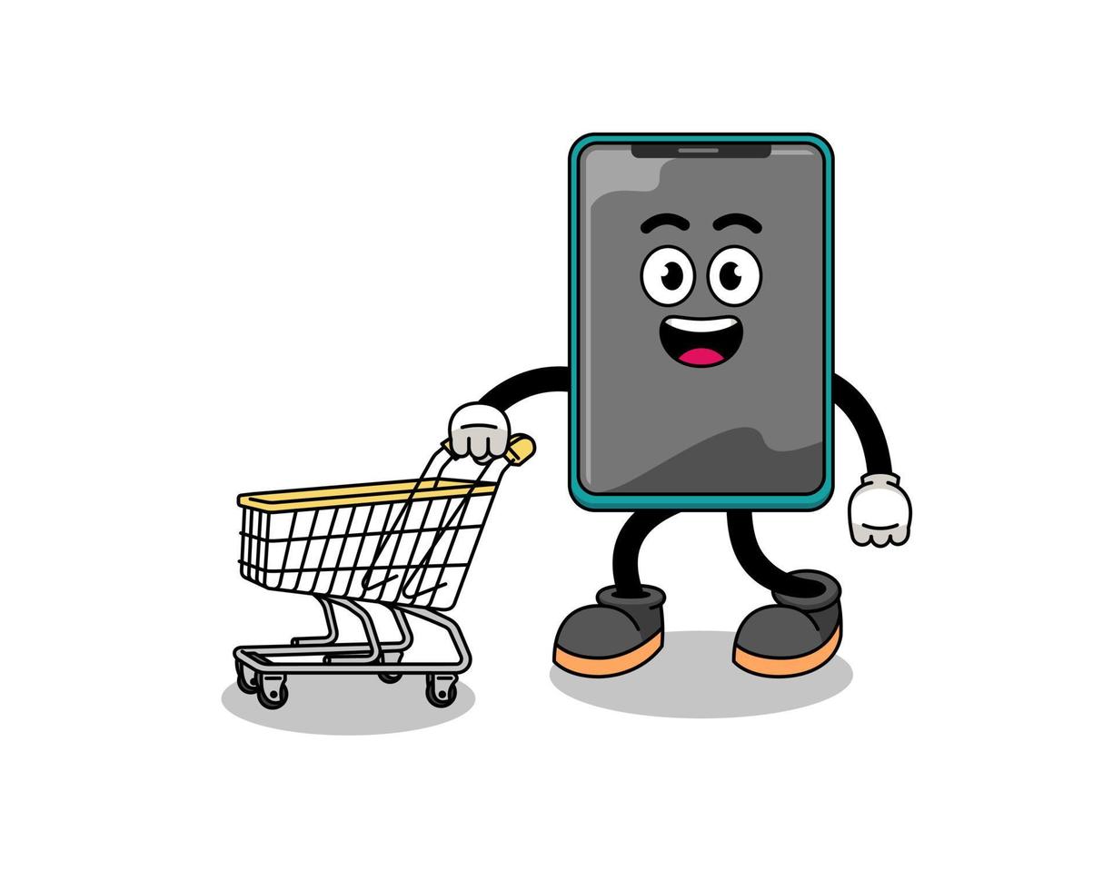 Cartoon of smartphone holding a shopping trolley vector