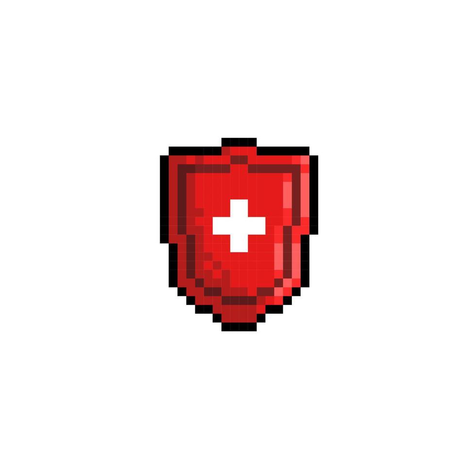 red shield with plus sign in pixel art style vector