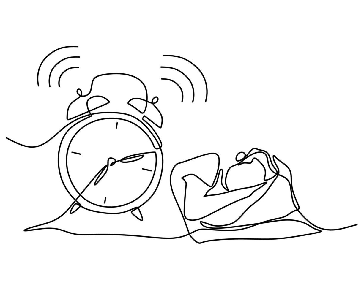 Hand drawing single one line of alarm clock and sleeping man vector