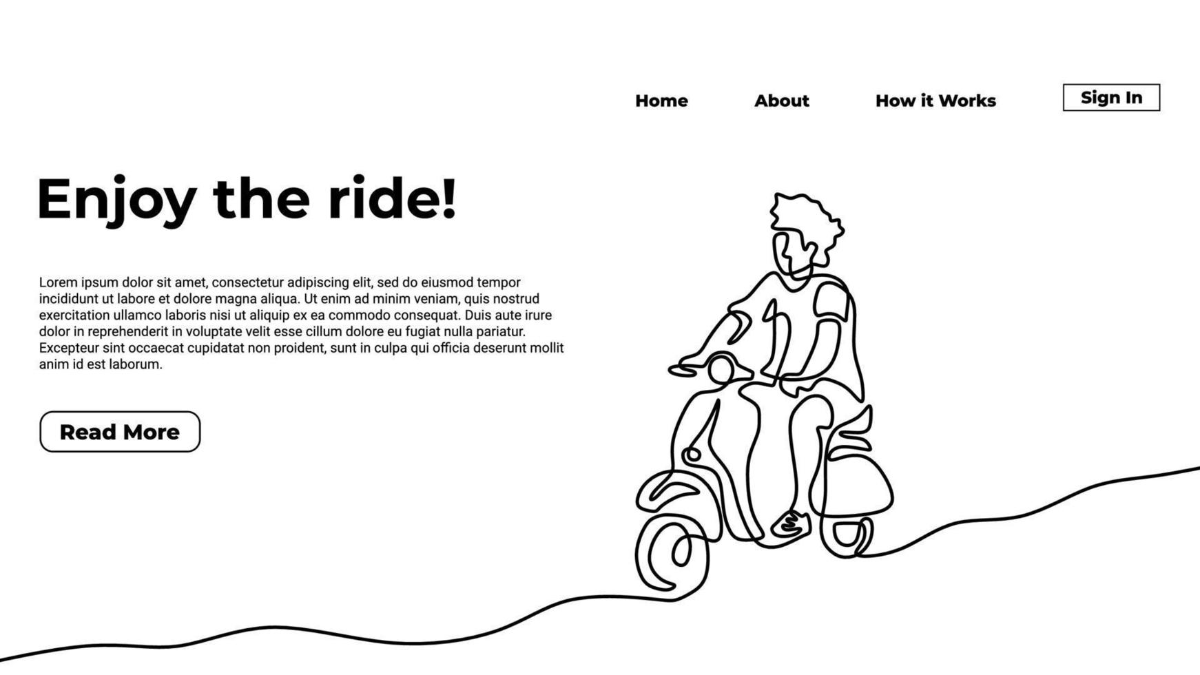 man ride a scooter one line drawing landing page design enjoy the ride vector